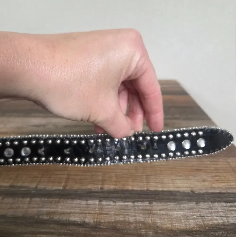 Rhinestone Woman's Bling Cross Black Western Belt Silver Buckle